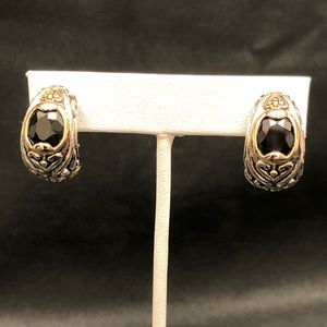 MX silver and gold tone black stone earrings